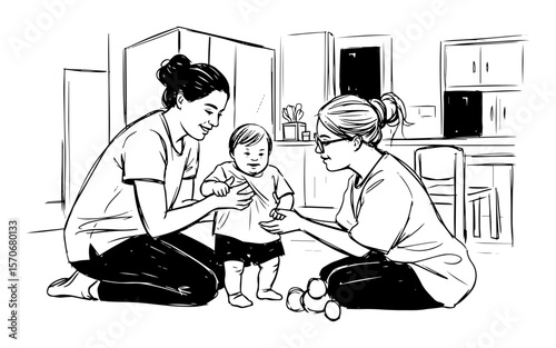 child with down syndrome learning to walk with help sketch