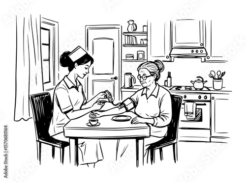 nurse taking blood pressure of senior woman at home sketch