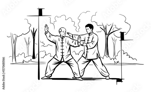 senior men practicing tai chi in the park sketch vector