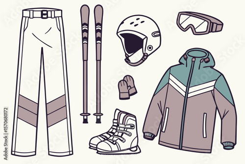  ski equipment, ski jacket, ski pants, ski goggles, ski gloves, ski boots, ski poles, ski helmet, ski bag, winter sports, cold weather gear, outdoor activities, adventure, recreation, leisure