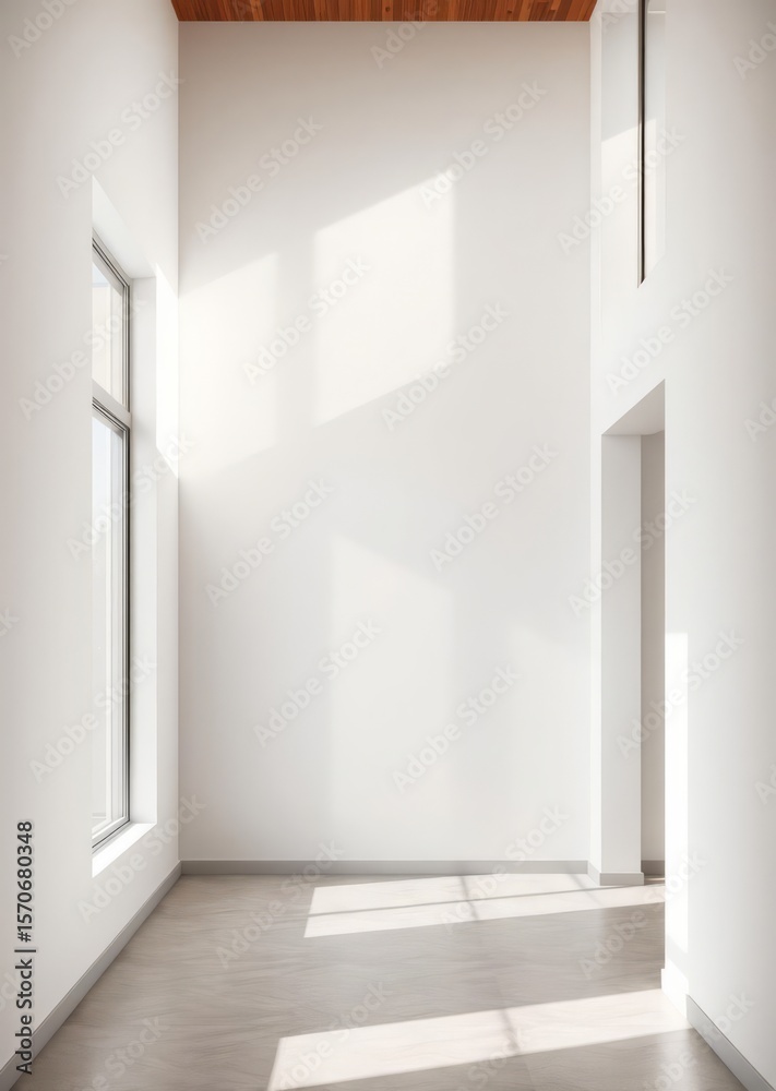 Obraz premium Empty corner of minimalist living room with natural lighting large window fills room with sunlight casting shadows on wall neutral tones create calm stylish interior design perfect for real Empty