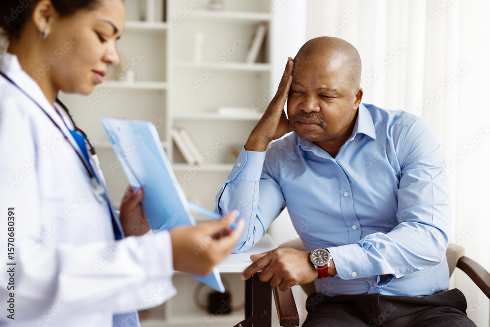 Obraz premium Concerned black male patient touching his head while listening to results presented by african american female doctor holding medical documents during a checkup, closeup