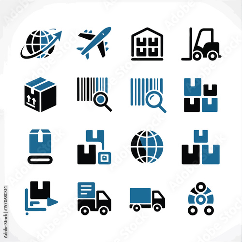 Collection of sixteen minimalist logistics and shipping icons featuring blue and black color palette depicting global shipping airplane delivery warehouse forklift barcode scanner package