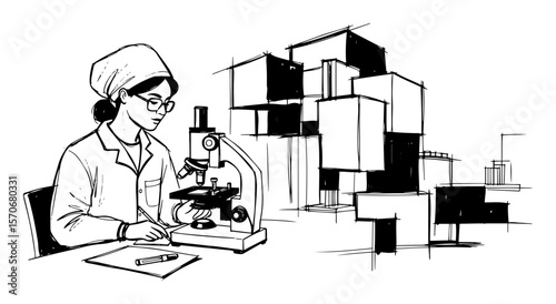 female scientist with microscope modern lab sketch vector