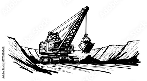 dragline excavator in open pit mine sketch vector