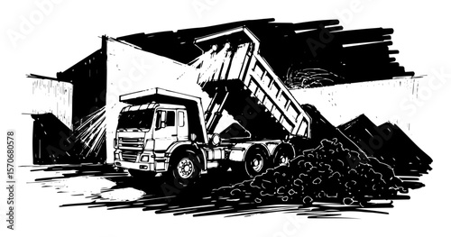 dump truck unloading gravel at construction site sketch