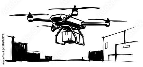 delivery drone flying over city sketch vector
