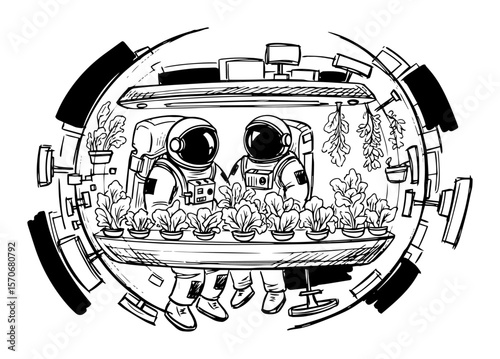 astronauts farming in space station hydroponic garden sketch