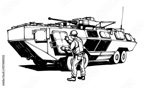 soldier with amphibious armored vehicle sketch vector