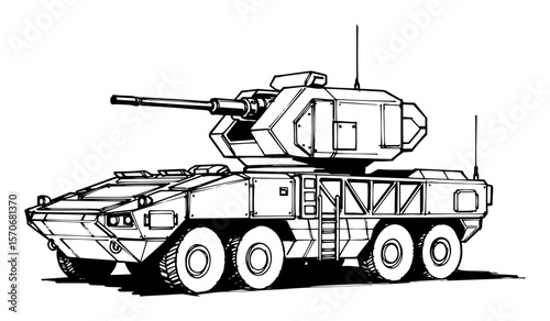modern armored combat vehicle with turret sketch vector