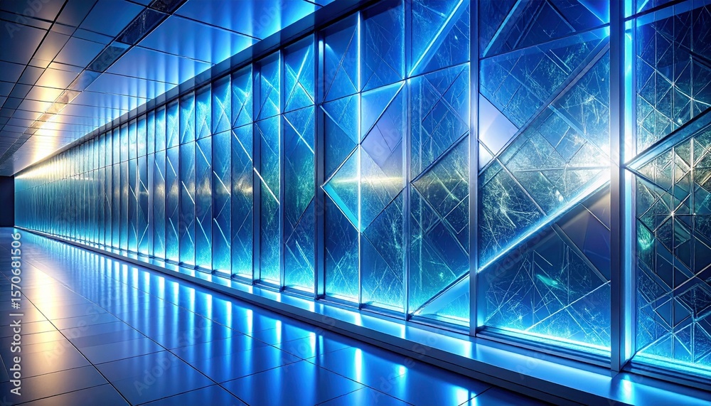 Obraz premium Futuristic corridor with neon-blue lights and reflective glass walls, sci-fi interior.