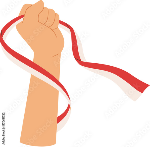 Raised Fist Holding Indonesian Flag Ribbon Strongly