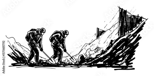 disaster rescue team digging through rubble sketch vector