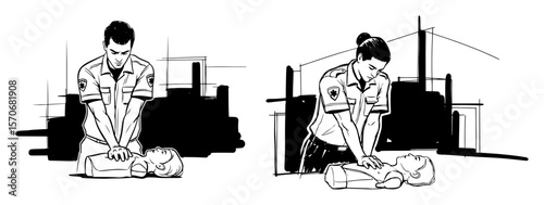 paramedics performing cpr first aid training sketch vector