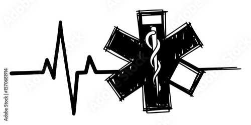 star of life with heartbeat line medical symbol sketch vector