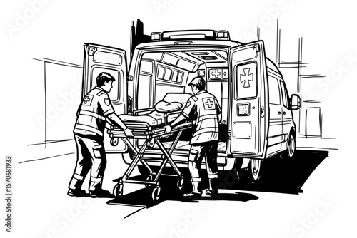 paramedics loading patient into ambulance sketch vector