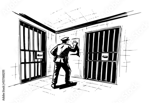 prison guard checking on inmates in cell block sketch vector
