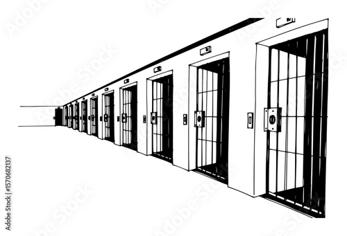 prison cell block corridor sketch vector