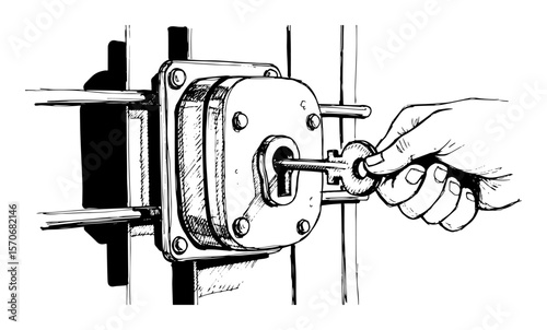 hand unlocking prison cell door with key sketch vector