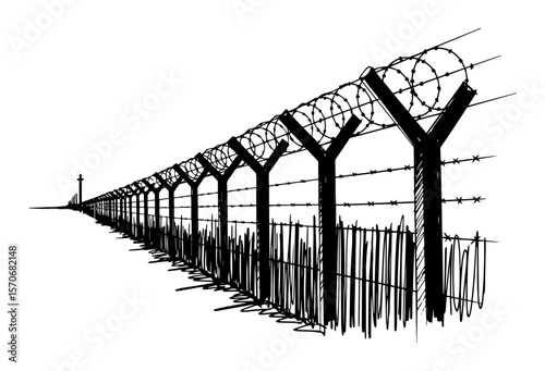 long border fence with barbed wire sketch vector