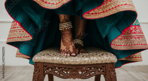 Close up showcases henna designs on bride's feet adorned with anklets during a vibrant Indian wedding ceremony