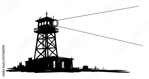 prison watchtower with searchlight silhouette sketch vector