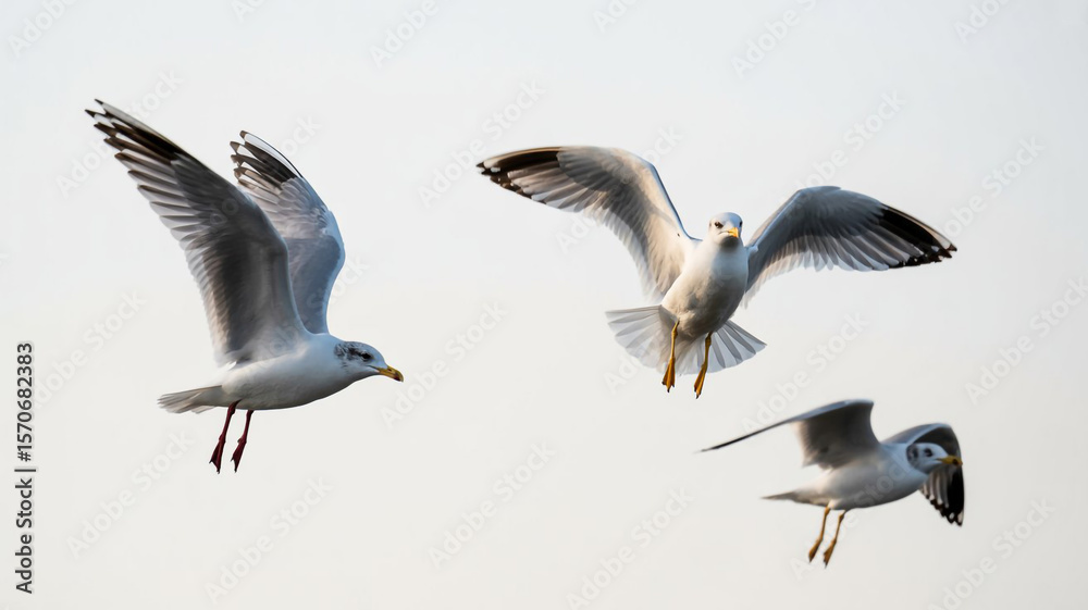 Obraz premium Three Seagulls in Flight White Background Birds Soaring Wildlife Photography