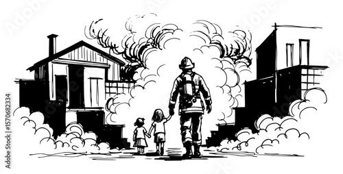 brave firefighter rescuing children from burning house sketch vector