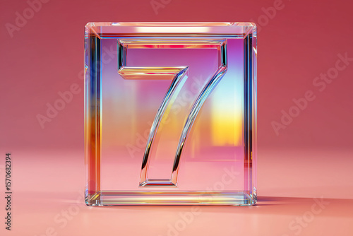 Glass Number Seven in Iridescent Neon Acrylic on Pink Background
