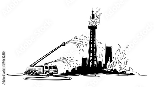 fire engine putting out fire on a tall tower sketch vector