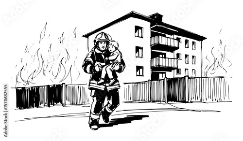 brave firefighter rescuing child from burning building vector
