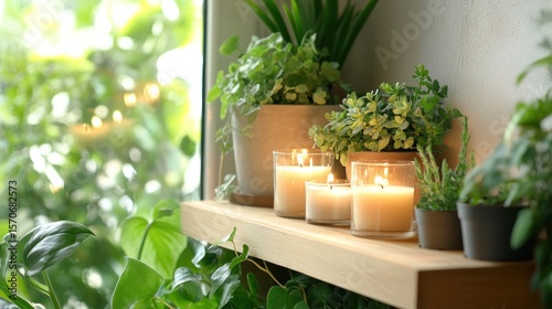 Wooden shelf with potted plants and candles, overlooking a garden