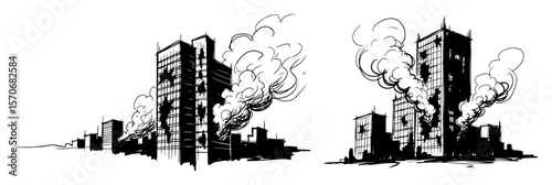 destroyed city skyline after war disaster sketch vector