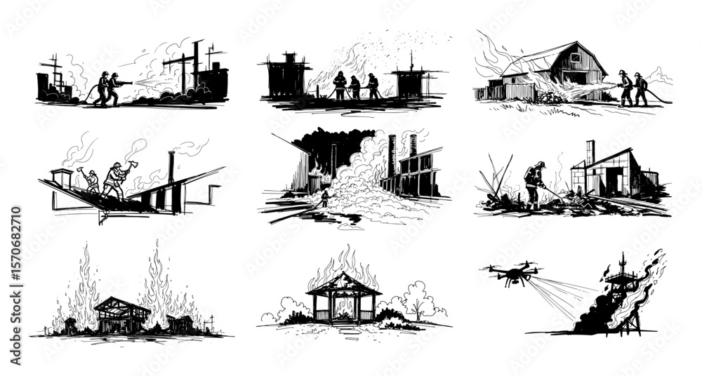 Obraz premium firefighting disaster and rescue sketch set vector