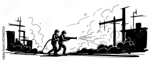 firefighters fighting fire in city ruins sketch vector
