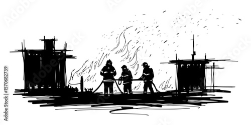 firefighters on rooftop fighting fire silhouette vector