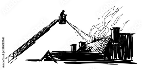 firefighter on ladder truck putting out house fire vector
