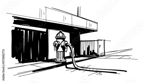 fire hydrant with hose on city sidewalk sketch vector