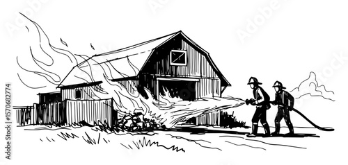 firefighters fighting a barn fire sketch vector