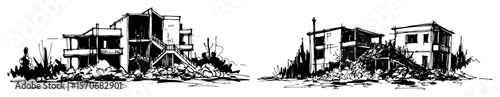 destroyed ruined houses after disaster sketch vector