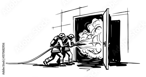 firefighters breaking door during a fire sketch vector