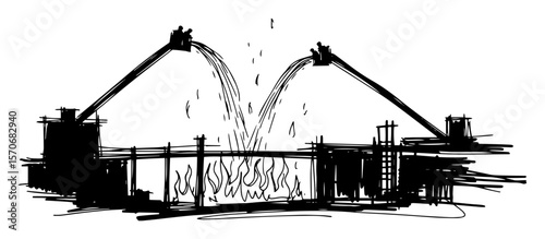 large scale industrial firefighting operation silhouette vector