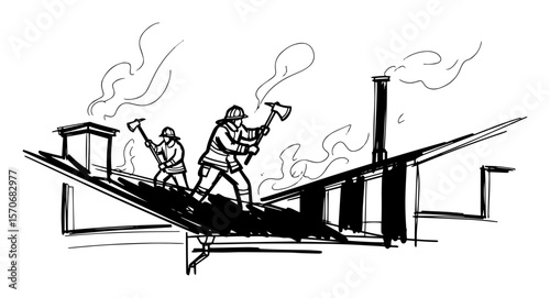 firefighters on roof with axes ventilation sketch vector
