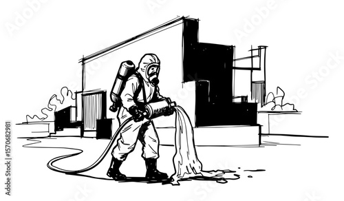worker in hazmat suit cleaning chemical spill sketch vector