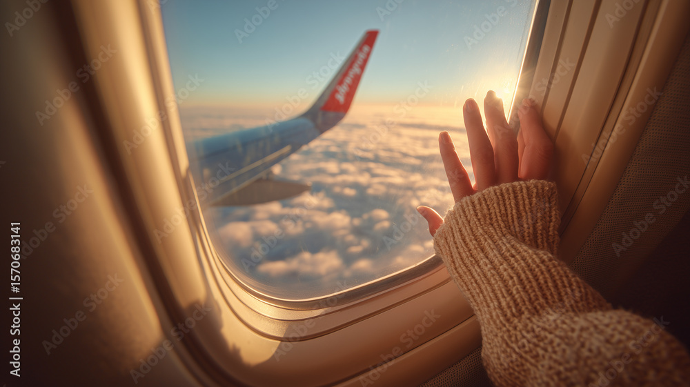 Fototapeta premium Airplane Window View with Passenger Hand Reaching Toward Sunset Clouds 