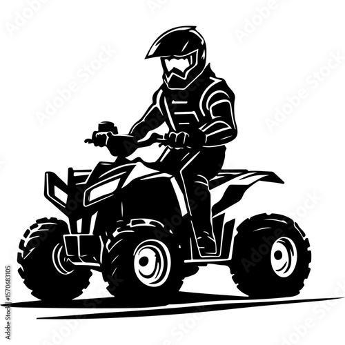 Sketchy sport emblem of Extreme sports instructor controls a quad bike. Engraving minimalistic vector in black ink drawing on transparent background