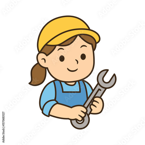 Cute cartoon female mechanic holding a wrench, wearing a yellow cap and blue overalls. Perfect for Labor Day themed designs and illustrations.