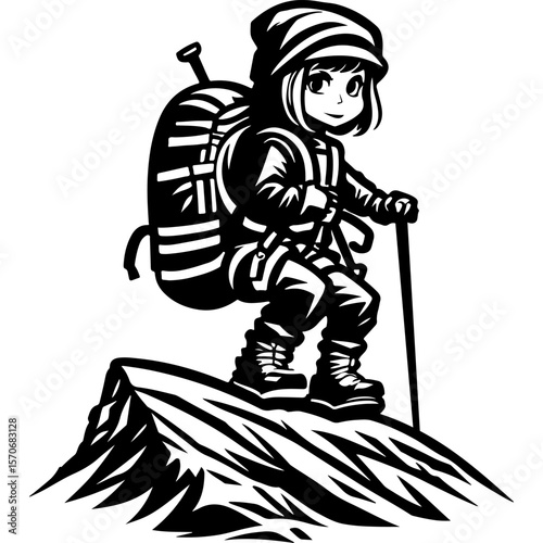 Sketchy sport emblem of young sportswoman tourist stands on top of a mountain in monochrome. Engraving minimalistic vector in black ink drawing on transparent background