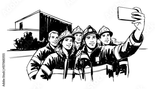firefighter team taking a selfie sketch vector