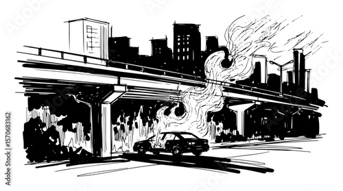 burning car under a city bridge accident sketch vector
